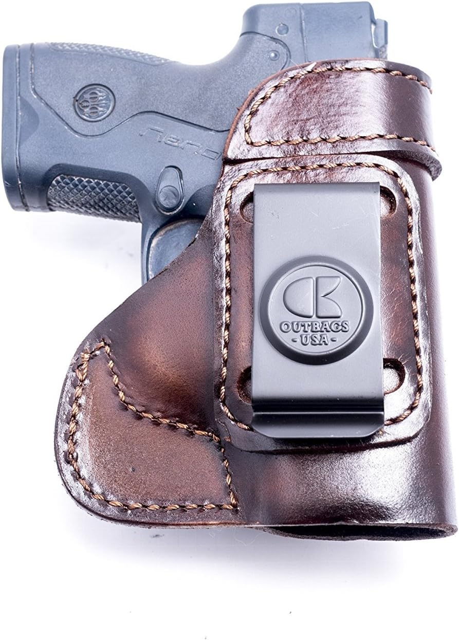 OUTBAGS USA LS3NANO (Brown-Right) Full Grain Heavy Leather IWB Conceal Carry Gun Holster for Beretta Nano 9mm. Handcrafted in USA.