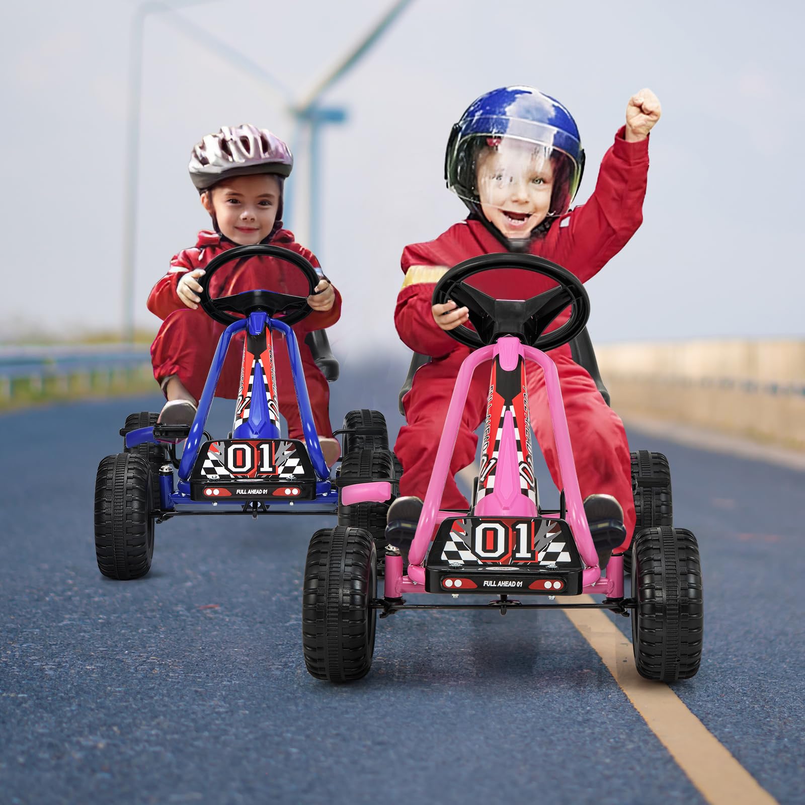 HONEY JOY Pink Go Kart for Kids, 4 Wheel Pedal Powered Go Cart with Steering Wheels & Adjustable Seat, Safety Hand Brake, Non-Slip Tires, Outdoor Off-Road Racer Ride On Pedal Car for Boy Girl (Pink)