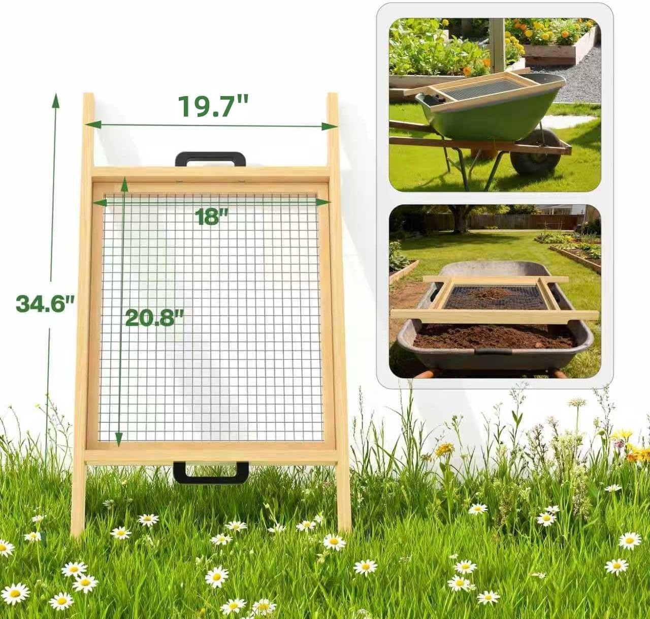 2IN1 Large Soil Sifter for Wheelbarrow with Interchangeable Mesh(1/4"&3/5") | Strong Magnets Quick Swap Design,304 SS Mesh Solid-Wood Frame Dirt Sifter,Sturdy Easy Clean Garden Sieve for Rock Sand Leaves