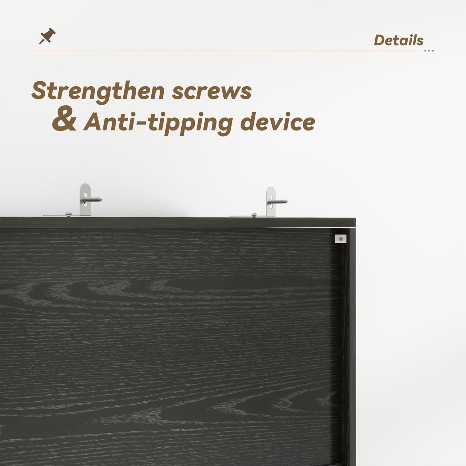 Close-up of the anti-tipping device installed on the top rear of the bookshelf