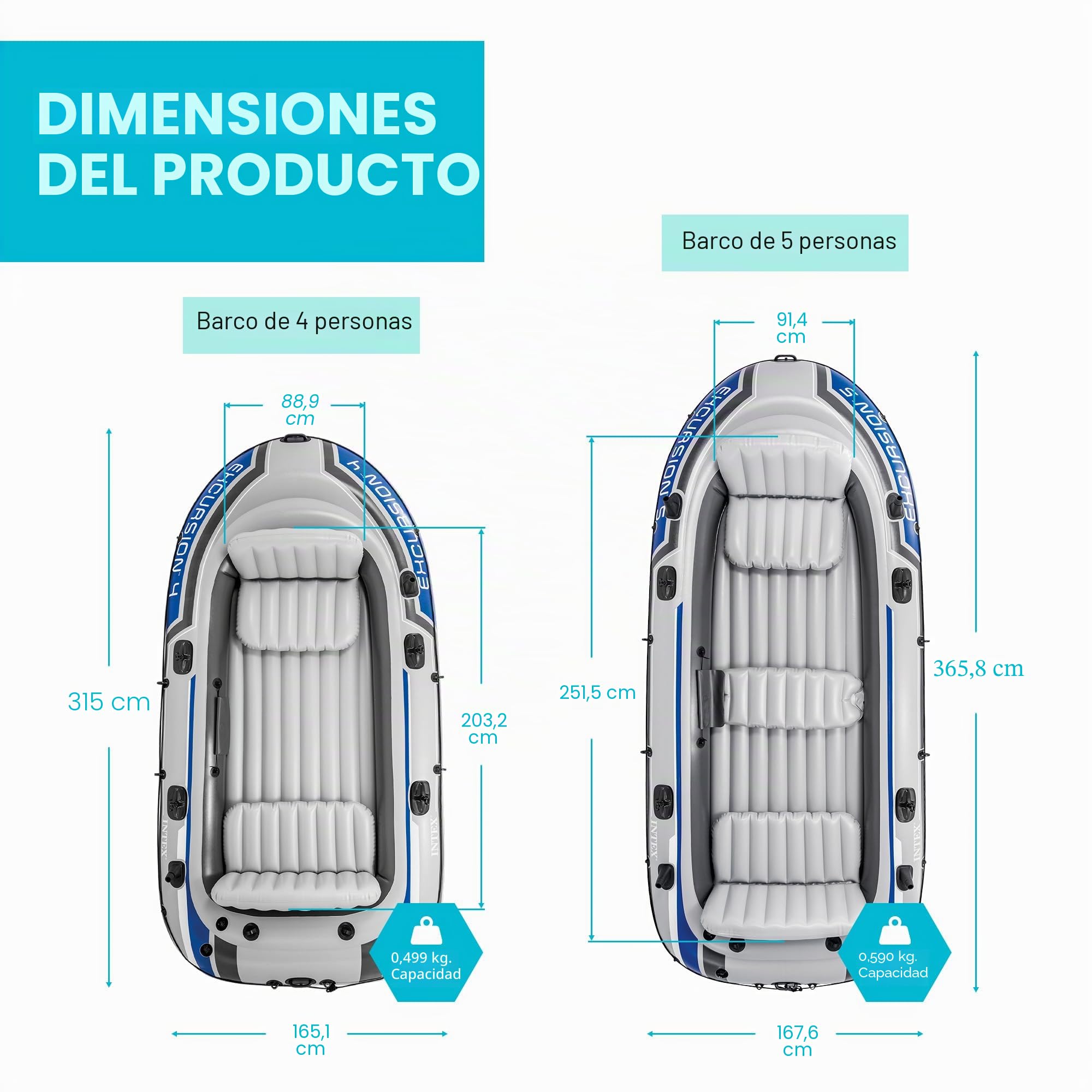 Intex Excursion - Serie de Botes inflables: Incluye remos de Lujo de 54 Pulgadas y Bomba de Alto Rendimiento, PVC superresistente, Asientos Ajustables con Respaldo, Soportes para cañas de Pescar,