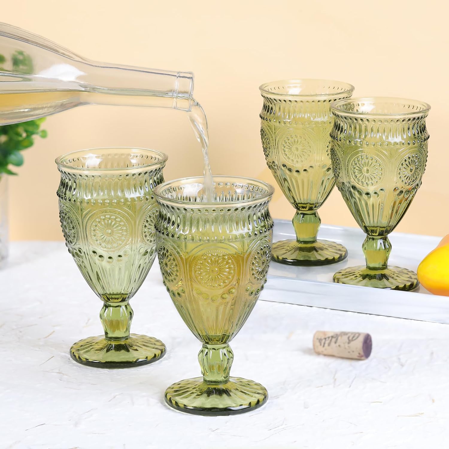 Darlion 4Pcs Green Wine Glasses, 12oz Glass Goblets, Vintage Drinking Glassware, Colored Glassware Set for Party Home Wedding Baby Shower - Image 4