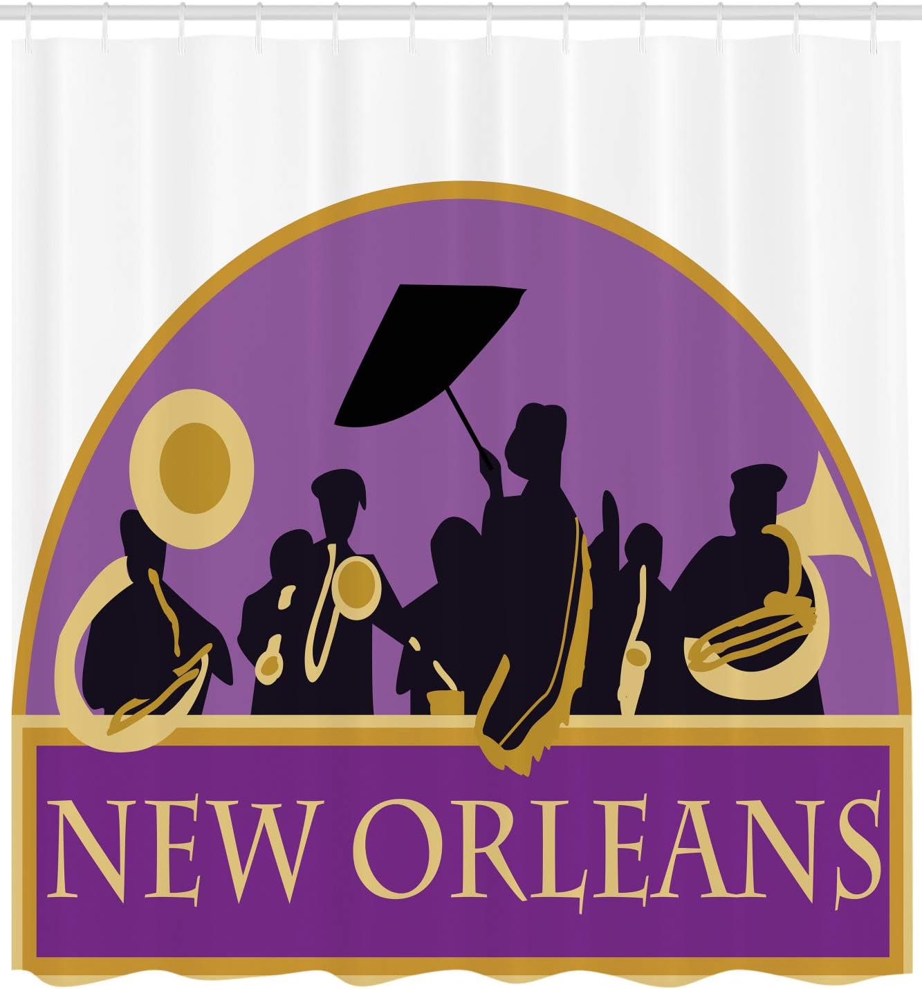Ambesonne New Orleans Shower Curtain, French Quarter Band with Jazz Trumpet Saxophone and Brass, Cloth Fabric Bathroom Decor Set with Hooks, 69" W x 70" L, Blue Violet Earth Yellow Black
