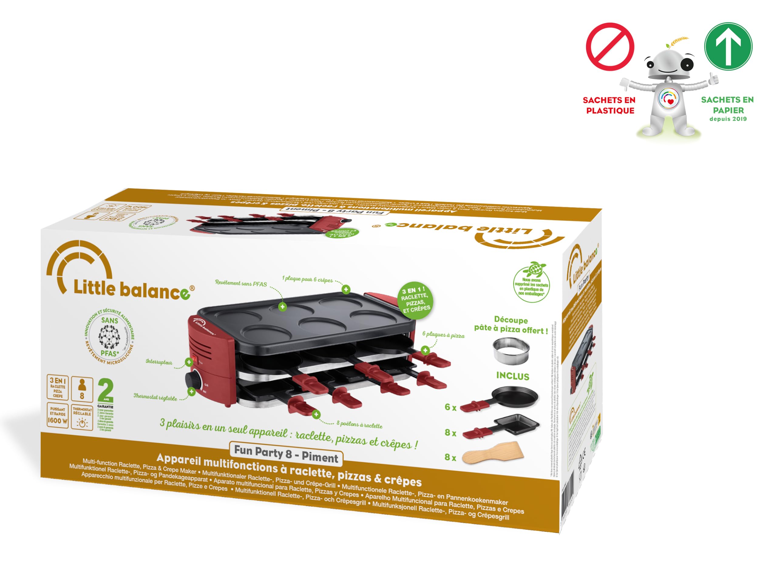 LITTLE BALANCE 8952 Fun Party 8, Appareil à Raclette, Multifonctions 3 en 1, Raclettes, Pizzas et Crêpes, 3 zones de cuisson, Jusqu'à 8 personnes, Sans PFAS, 1600 W, Piment