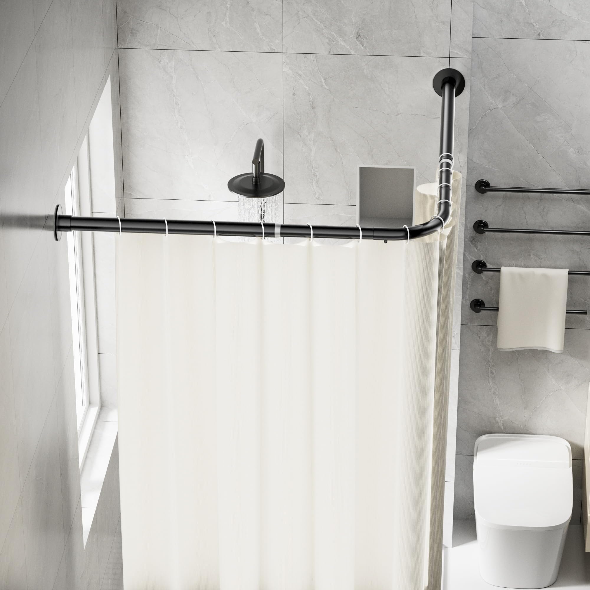 Onpira® Eck-Duschvorhangstange Teleskop L-Form 90–180 cm – Edelstahl, selbstklebend oder schraubbar – Ohne Bohren – In Silber, Schwarz, Weiß – 12 Varianten wählbar (Selbstklebend Edelstahl, 90x180cm)