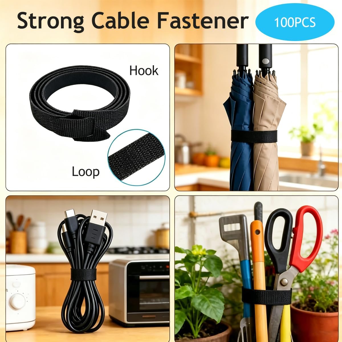 100pcs Reusable Cable Ties 7.8 In |Adjustable Cord Straps&Wire Wraps|Hook and Loop Cable Management Organizer