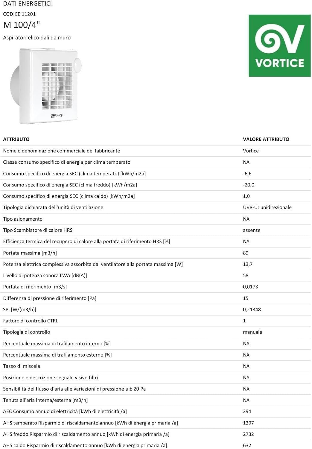 Technical drawing with dimensions of Vortice M 100/4 inch fan