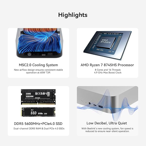 Beelink SER8 Mini PC, Procesador Ryzen 7 8745HS (8C, 16T, 4,9 GHz), 32 GB RAM DDR5, SSD de 1 TB, 12 núcleos gráficos a 2600 MHz, 4K@120Hz, USB4.0/USB3.2/DP/HDMI/LAN 2.5G/WiFi 6/BT 5.2/Gris - 3