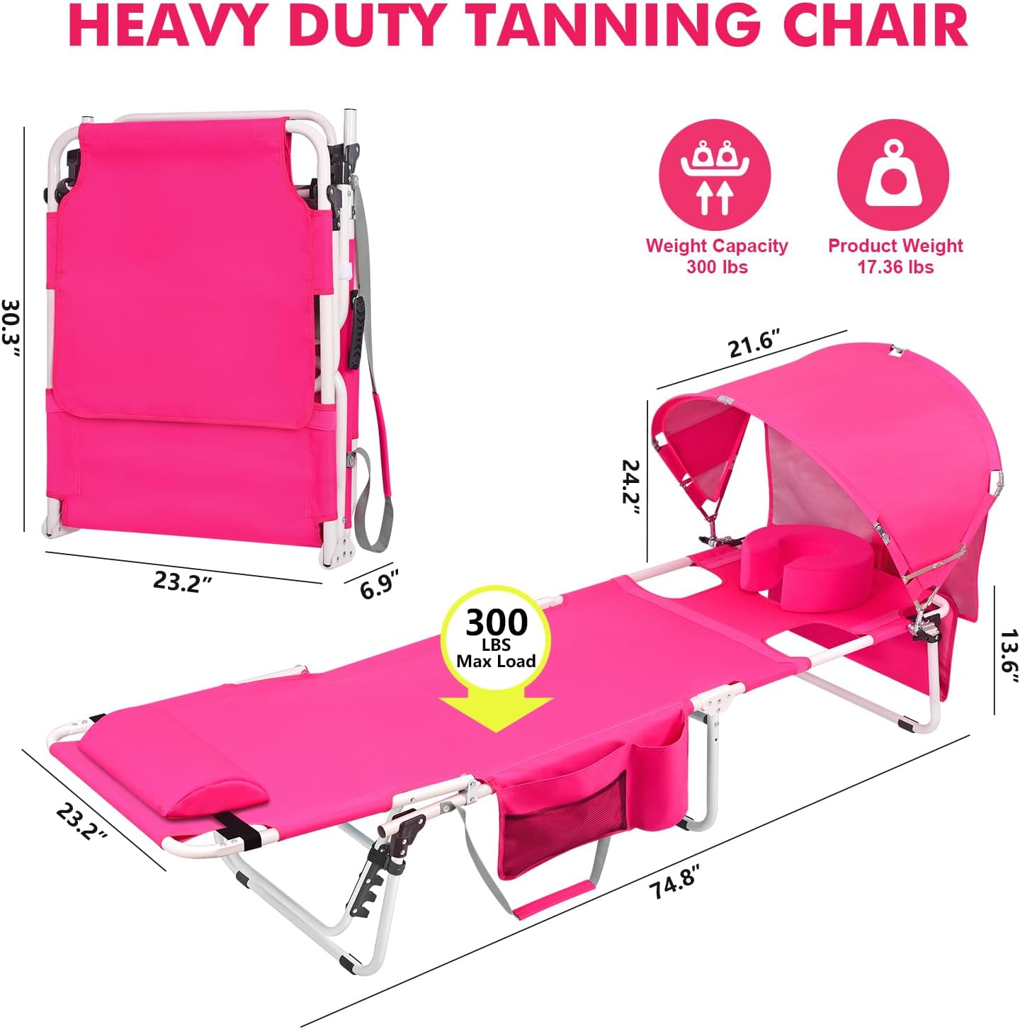 Tanning Chair with Sun Canopy Face Hole Softer Padded Adjustable Washable, Heavy Duty Layout Folding Lounge Chair for Adults Outside Beach Reading Sunbathing Poolside, UPF 50+ Sun Shade, Pink, 300 LBS Pink Standard Size
