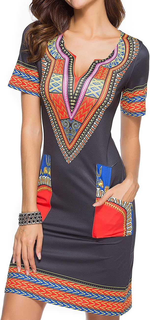 Women's Bodycon Dashiki African Midi Dresses Bohemian Vintage Club Dress with Pocket - Image 2