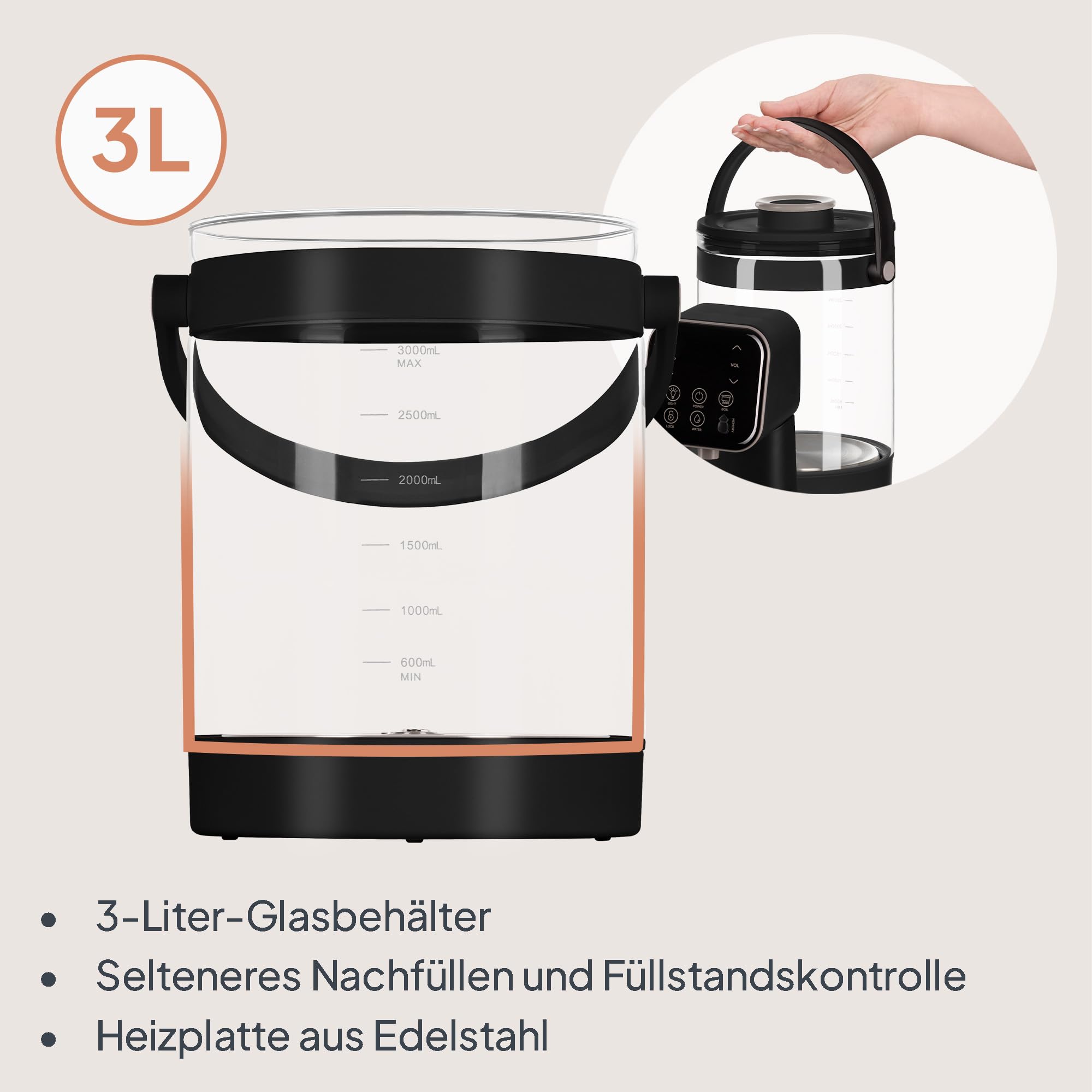 Lionelo Babypresto 2.0 Fläschchenzubereiter, Milchzubereiter Baby und Flaschenwärmer Baby mit 40-100 °C, UV-Hygiene, Dechlorierung, 30-300 ml Dosierung, 3 L Glasbehälter, LED-Display, Touch-Sperre