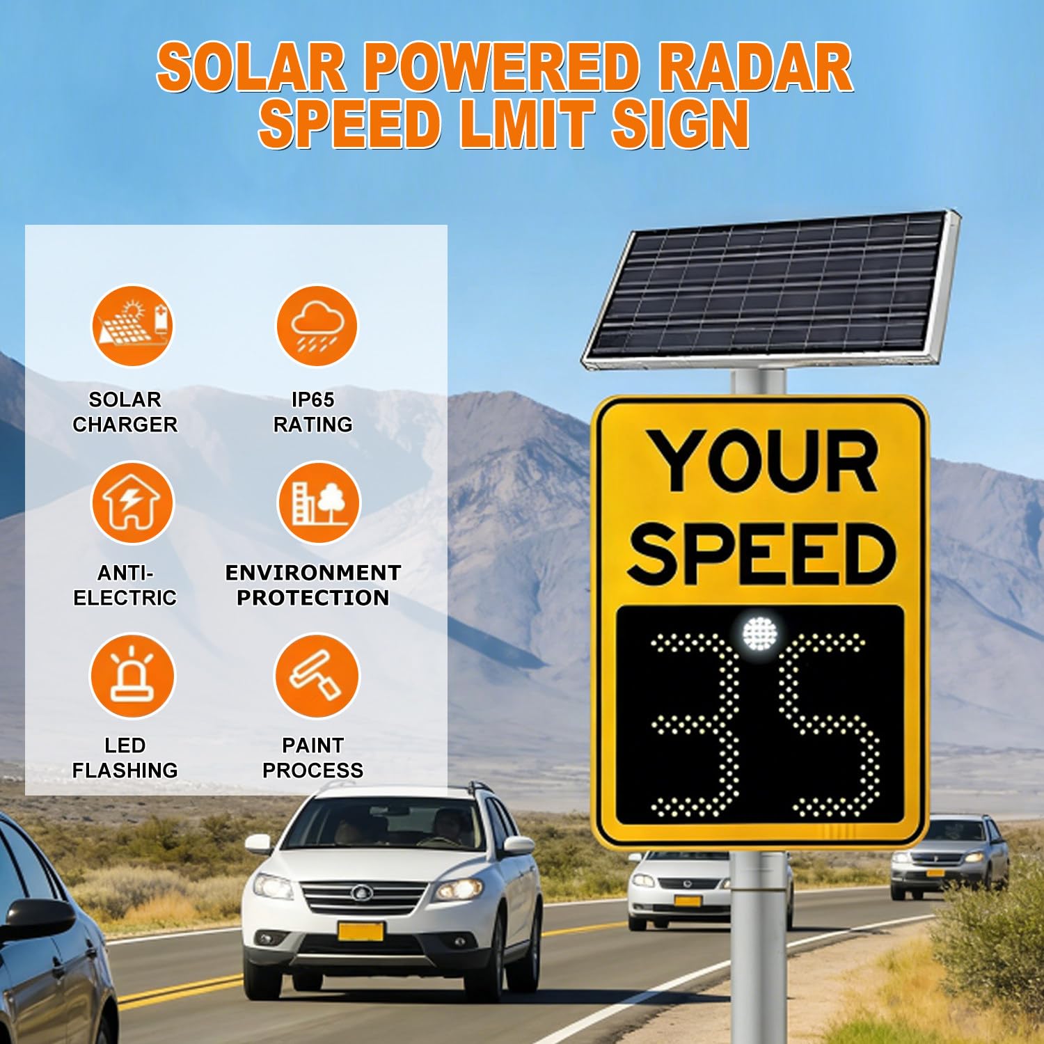 Señal de límite de velocidad alimentada por energía solar, pantalla LED de radar, señal de control de tráfico digital para seguridad en carretera, hecha de aleación de aluminio, 60 x 90 cm
