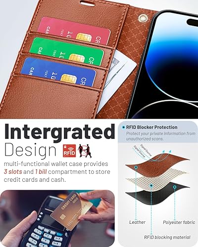Miniatura 106 de OCASE Funda de piel sintética compatible con iPhone 15, con tarjetero y función atril con bloqueo RFID [carcasa interior de TPU a prueba de golpes]