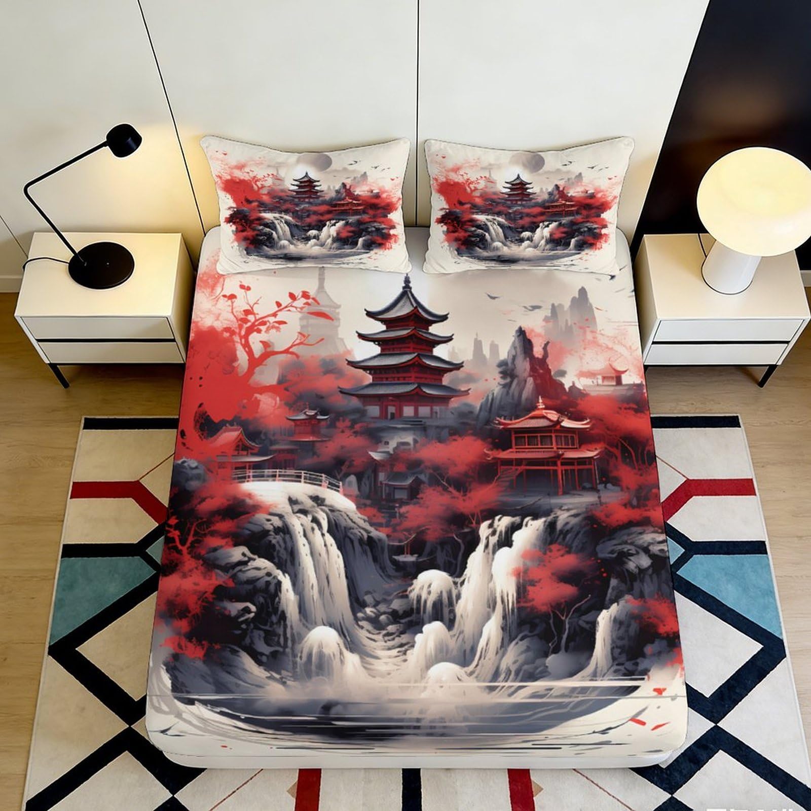 3D Printed Japanese Pagoda Fitted Sheet Microfiber Soft Breathable Waterfall Bed Cover for Bedroom Dormitory Guest Room Mattress Protection Decor 120x200x25cm