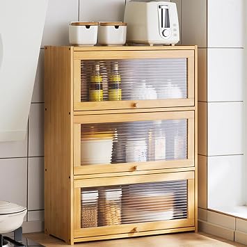 3 Tier Bamboo Storage Cabinet for Kitchen, Kitchen Cabinet Pantry Sideboard with Flip-up Doors Freestanding Utility Cupboard Countertop Cabinet Organizer, 20.5" W x 9.8" D x 27.5" H, Log Color
