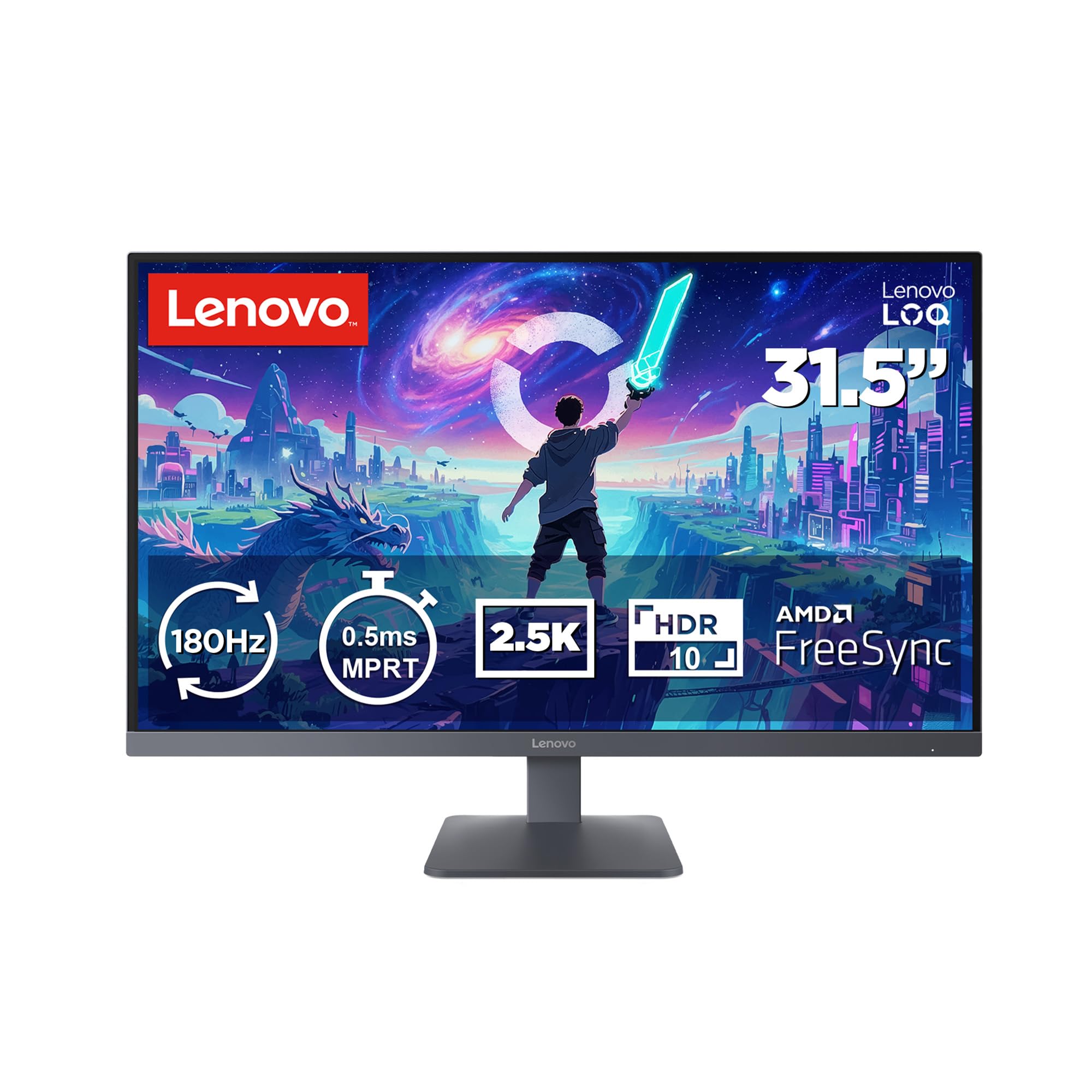 Lenovo Legion LOQ 32Q-10 Gaming Monitor, 31.5" QHD, Flat, VA, 180Hz, 0.5ms MPRT, AMD FreeSync, HDR10, Tilt Stand, 2X HDMI 2.1 and DP 1.4, Raven Black 31.5 inch