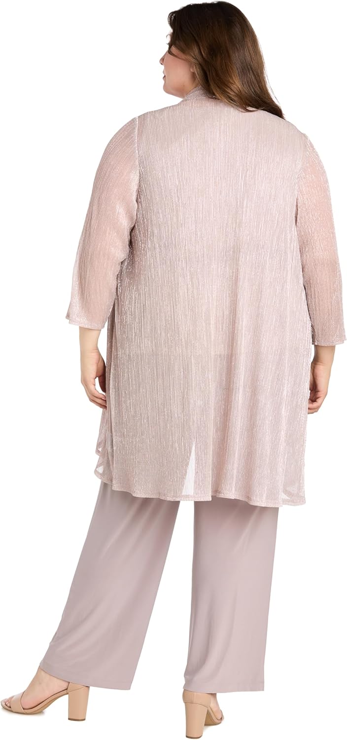 R&M Richards Women's 3-Piece Crinkle Pant Set | Duster Jacket, Straight Pants & Tank Top W/Necklace - Elegant Evening Outfit - Image 7