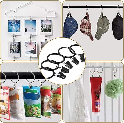 Miniatura 6 de Paquete de 44 anillos de cortina con clips, ganchos negros de 1 pulgada de diámetro interior, anillos de cortina de metal para colgar cortinas,