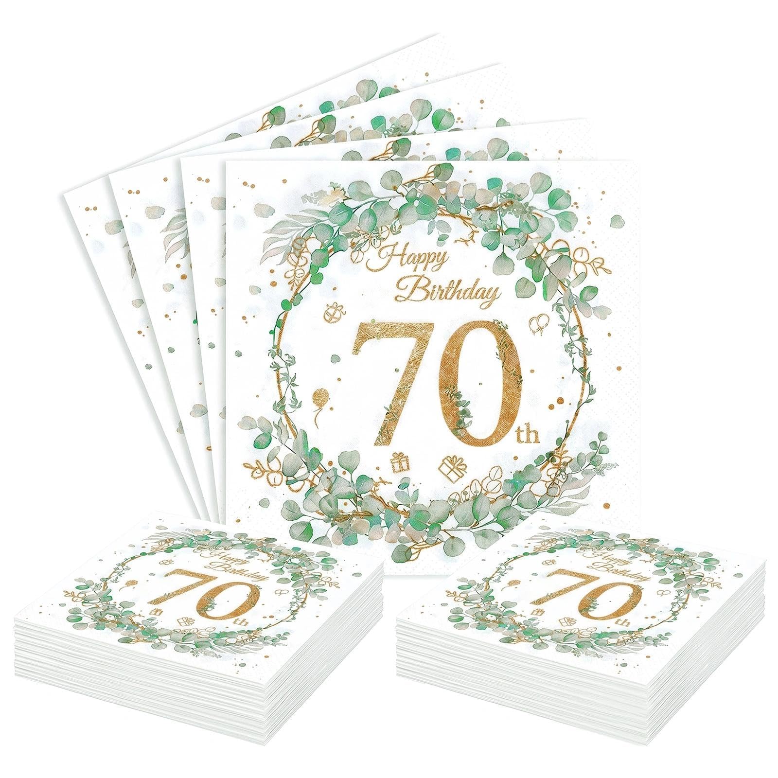 70th Birthday Paper Napkins, 40Pcs Sage Green 70th Birthday Decorations, 2-ply Disposable Eucalyptus Wreath 33x33cm Party Serviettes Napkins for Women Her Party Decorations