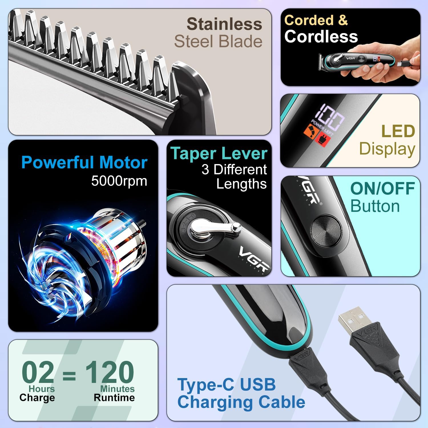 ເກີນview of VGR V-075 shaver features including stainless steel blade, corded/cordless operation, LED display, powerful motor, taper lever, and Type-C charging.