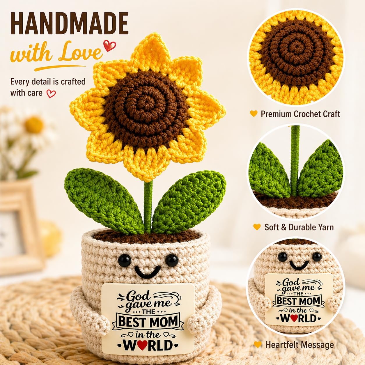 Velyra Crochet Sunflower Mom Gift, Mother’s Day Present from Daughter Son, Cute Handmade Best Mom Keepsake, Small Desk Decor, Unique Birthday Idea