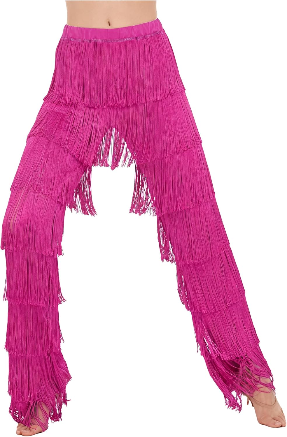Yhong Women's Tango Salsa Cha Cha Latin Dance Pants with Fringe Elastic Waist Practice Swing Trousers
