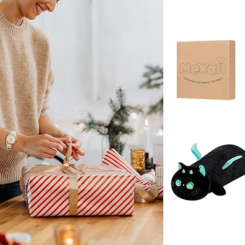 Miniatura 7 de Almohada larga de felpa con forma de gato  35 pulgadas de ojos grandes de gato negro, almohada esponjosa de animales de peluche, bonita almohada de