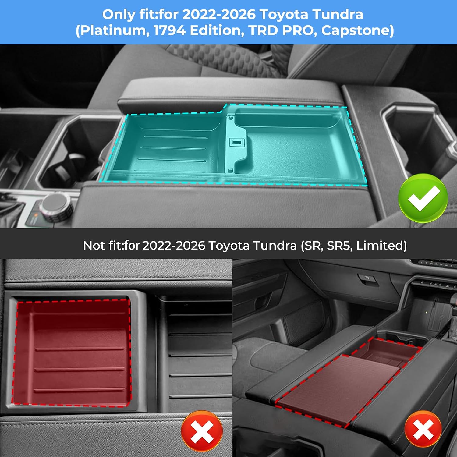 2PCS Center Console Tray Liner for 2022-2026 Toyota Tundra (Only Fit for Platinum 1794 TRD PRO Capstone) & 2023-2026 Sequoia Accessories, Silicone Armrest Lid Tray Insert, Mat for Organizer