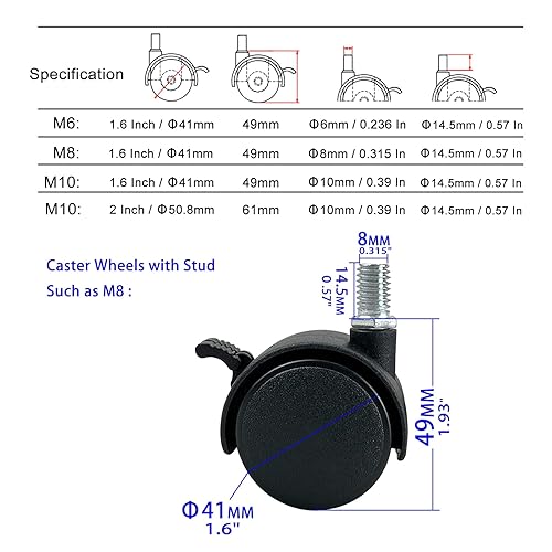 Miniatura 2 de CRLGO 4 ruedas giratorias de plástico de nailon de 1.5 pulgadas con frenos, repuesto de ruedas de nailon M10, ruedas giratorias para carros, ruedas