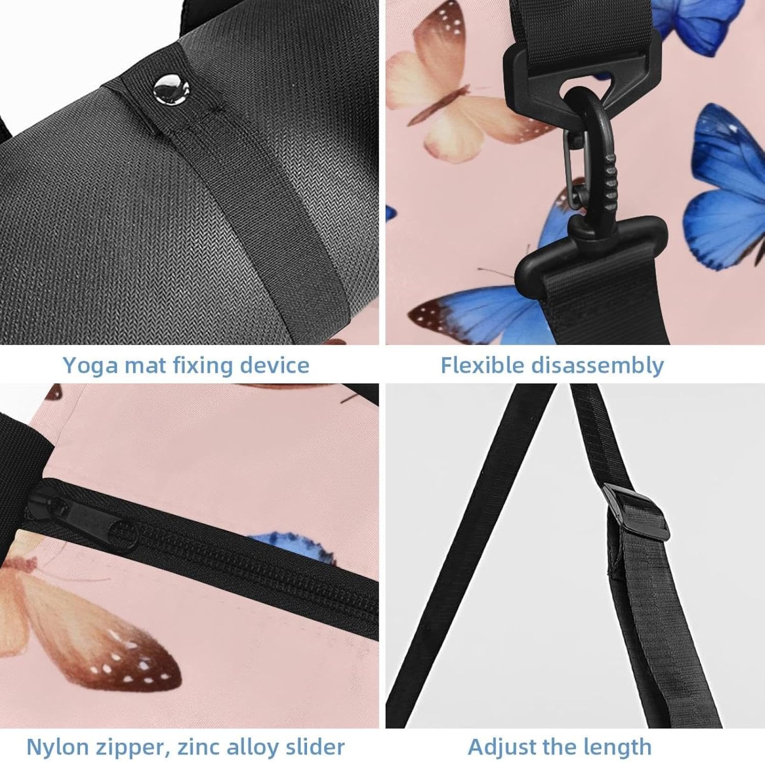 Yoga Mat Bag, Gym Workout Bag with Shoe Compartment, Pink Blue Butterfly Pilates Bag for Women, Quick Access Storage Yoga Tote Bag for Sports Travel Office