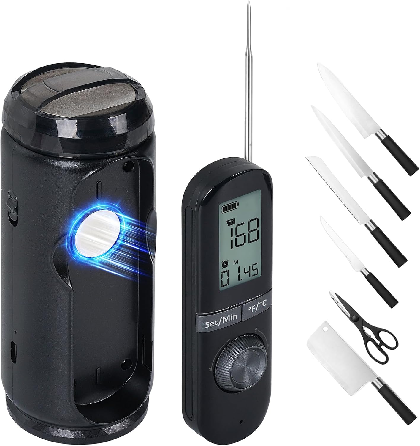 3-in-1 Cordless Electric Knife Sharpener & Digital Meat Thermometer Timer Combo, 2-Stage Professional Sharpener (400/800#), Type-C Rechargeable, Portable for Home, RV & Camping