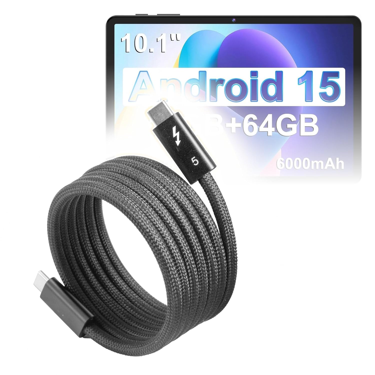 BoxWave Cable Compatible with COLORROOM K10 Android 15 Tablet (10.1 inch) - SnapWrap Thunderbolt 5.0 Cable (5ft 240W), Magnetic Self-Coiling Nylon Braided Retractable - Jet Black