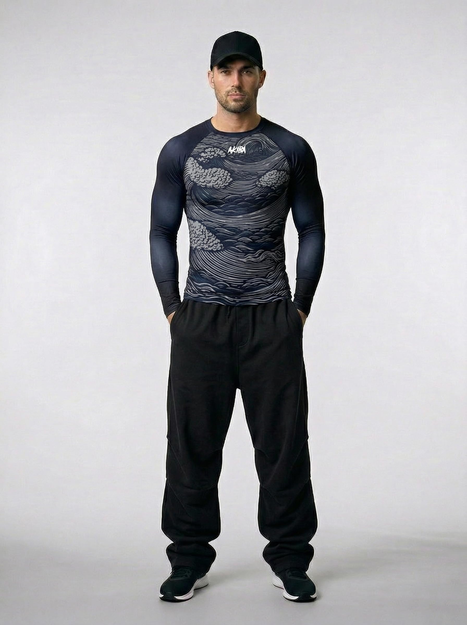 AKIBA Men Full Sleeve Compression Rash Guard T Shirt (Blue, 40) - Athletic Fit Crew Neck Performance Top for MMA BJJ Gym Running Cycling Training Wear Blue 2