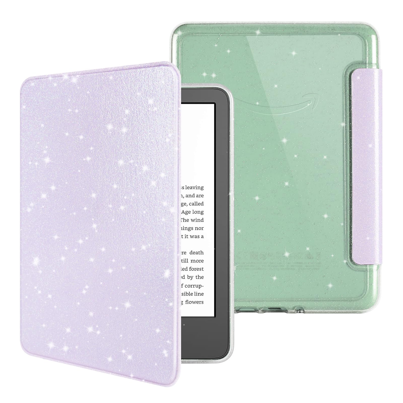 Glitzer-Schutzhülle für Kindle 11. Generation 2024/2022, 15,2 cm (6 Zoll), leichtes PU-Leder und transparente harte Rückseite, mit automatischer Sleep/Wake-Funktion, Glitzer-Violett