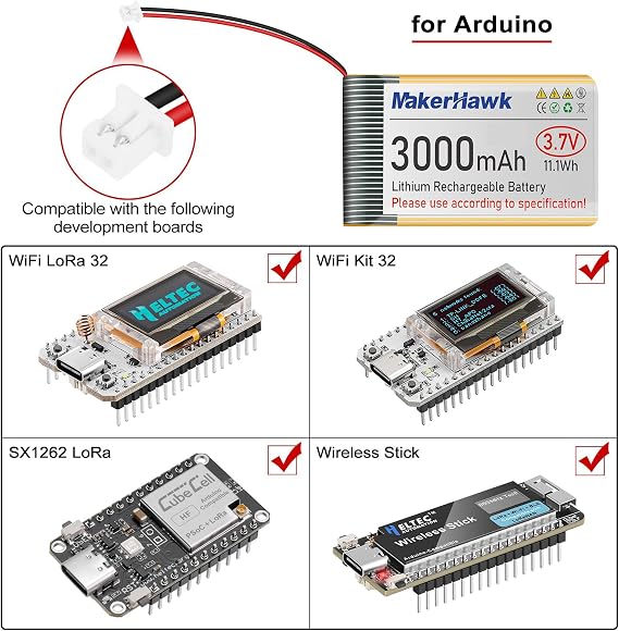 MakerHawk 3.7V 3000mAh LiPo Battery Rechargeable 1S 103665 Lithium Polymer Battery with Protection Board Insulated Rubber Tape, Micro JST 1.25 Plug for Arduino ESP32 Development Board (1 Pack)
