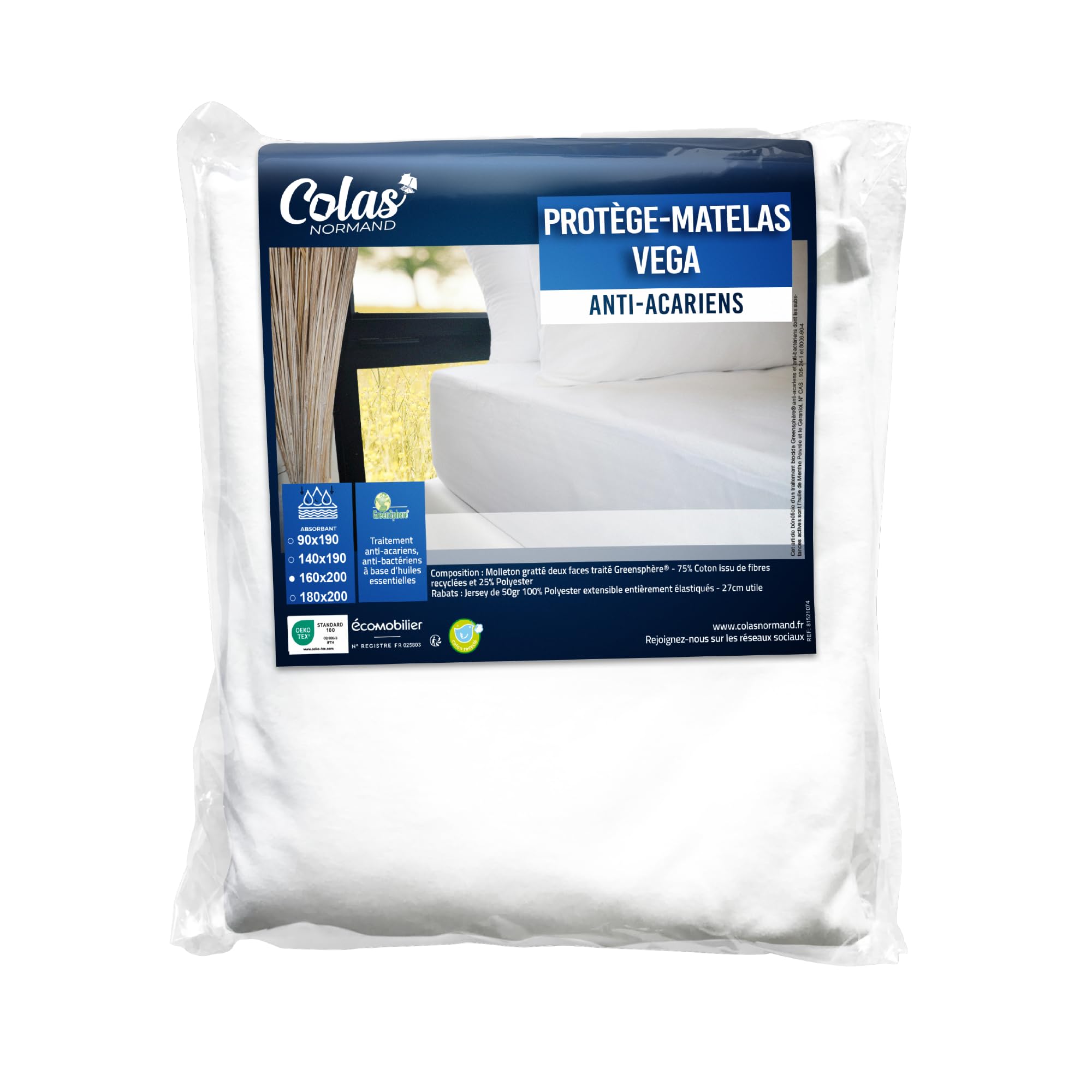 COLAS NORMAND - Vega polar chłonny ochraniacz na materac 160x200cm - bawełna z recyklingu i poliester z recyklingu - Antyroztoczowa i antybakteryjna zieleń - Miękka i wytrzymała - Czapka 27cm