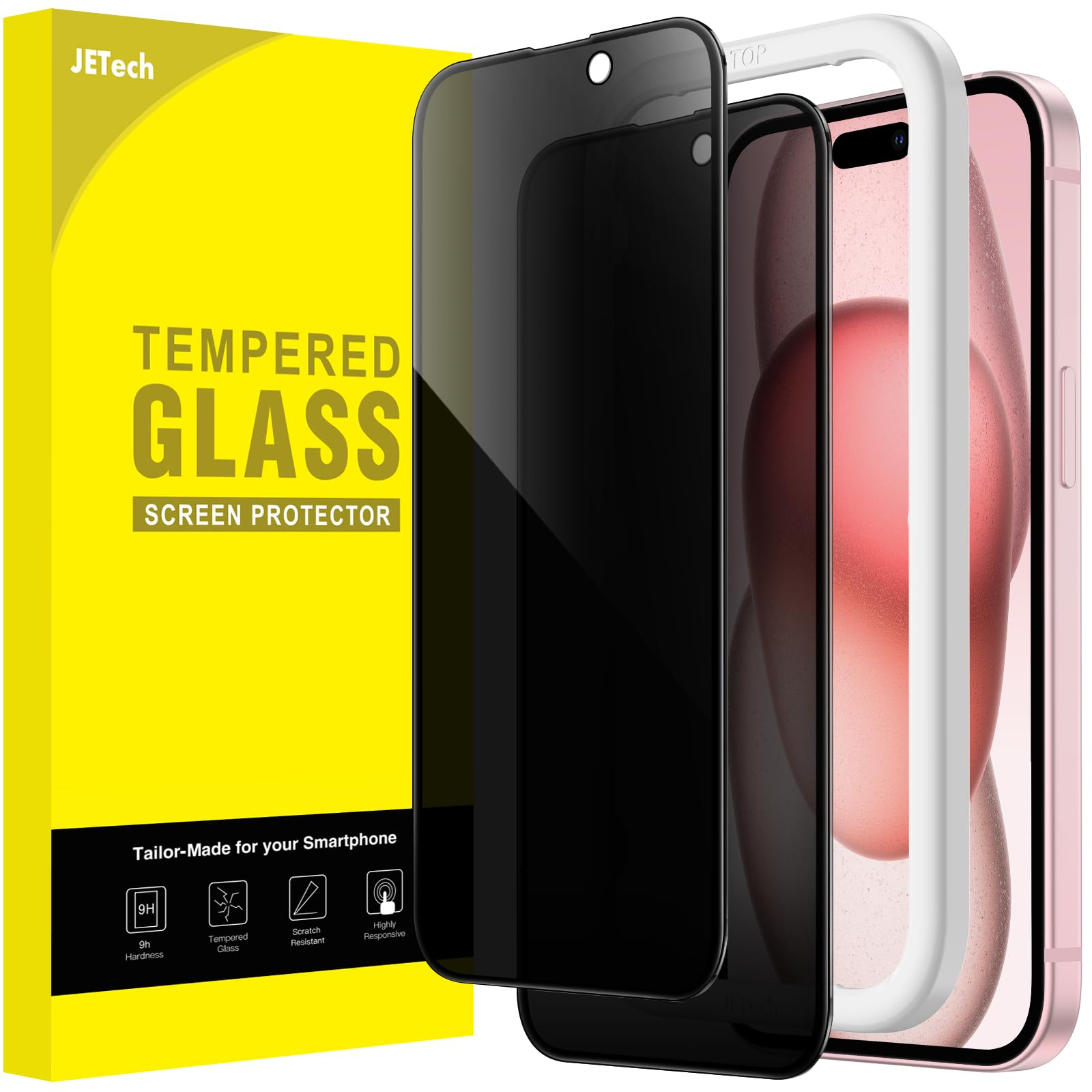 JETech Sichtschutz Full Screen für iPhone 15 6,1 Zoll, Schwarzer Rand Anti-Spy Panzer Schutz Glas Folie mit Einfacher Installationswerkzeug, Hülle-Freundlich, 2 Stück