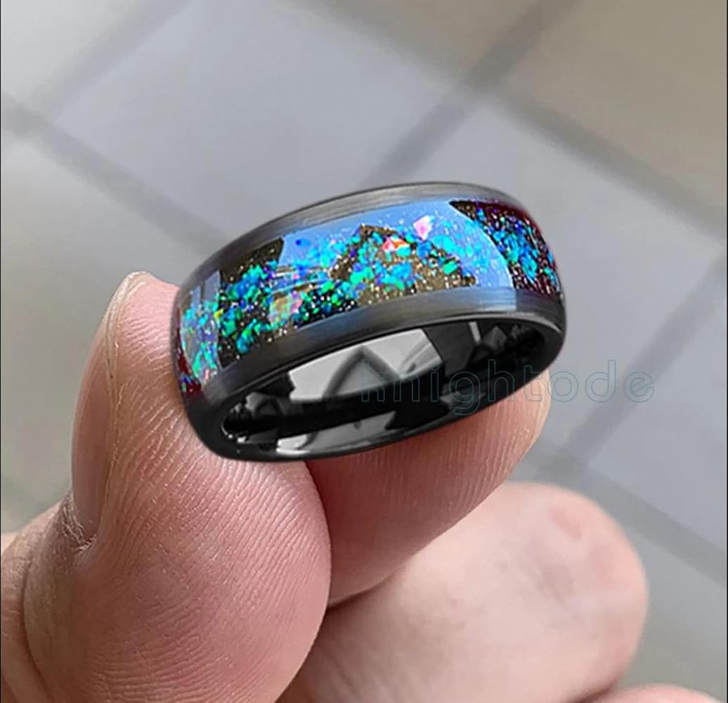 Vakki Black Tungsten Ring With Crushed Opal | 4mm/8mm Wedding Band For Men & Women | Comfort Fit