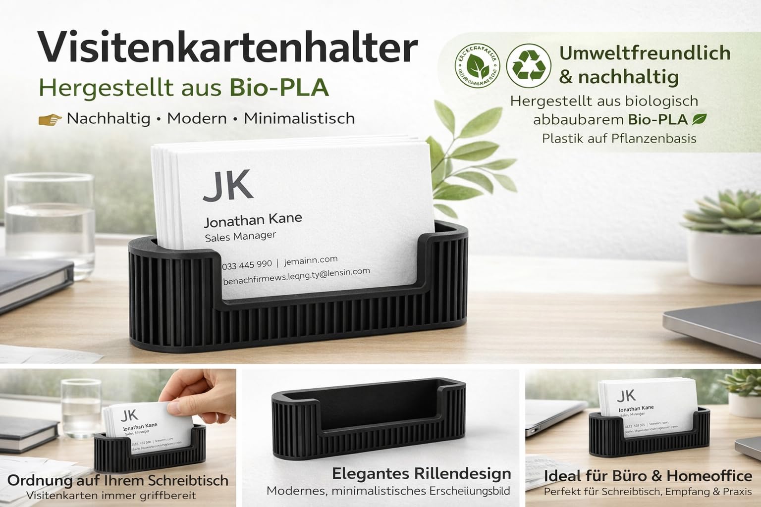 CABU Visitenkartenhalter Schreibtisch – Minimalistischer Kartenhalter aus Bio-PLA – Moderner Visitenkartenständer für Büro, Empfang & Homeoffice – Schwarz