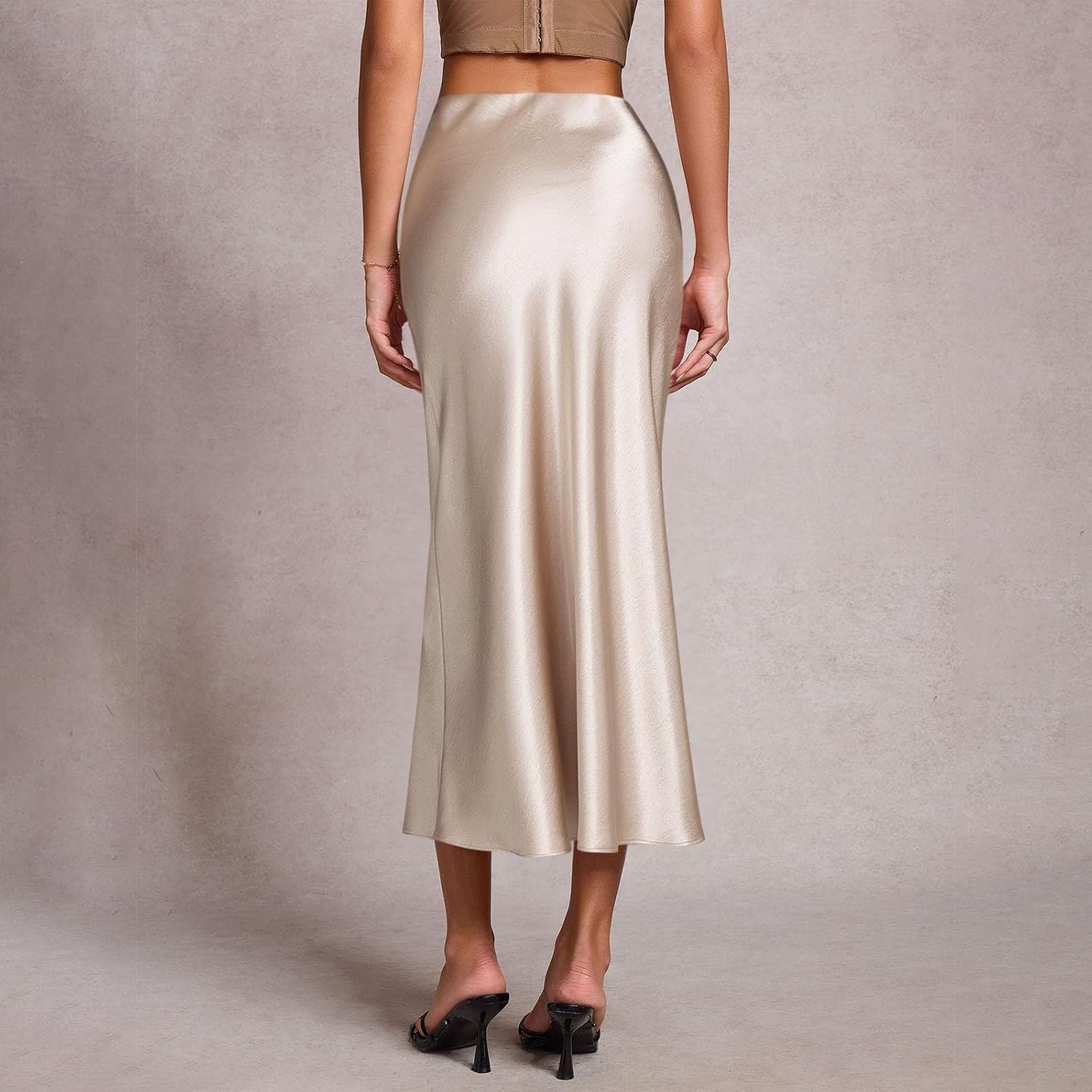 Women's Silk Satin Maxi Skirts High Waist Elastic Pull-On A Line Long Skirt Pleated Slim Fit Elegant Party Skirts