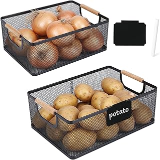 2 Pack Onion and Potato Storage Baskets,Stackable Metal Vegetable Storage Tins with Handle for Countertop,Kitchen Canisters Vegetable Dispenser Keeper Box Containers for Onion, Potato,Fruit