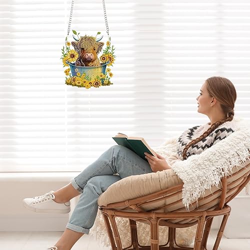 Miniatura 7 de Adorno de pintura de diamante 5D DIY diamante arte animal vaca y girasol diseño creativo hecho a mano acrílico colgante mosaico kits por números