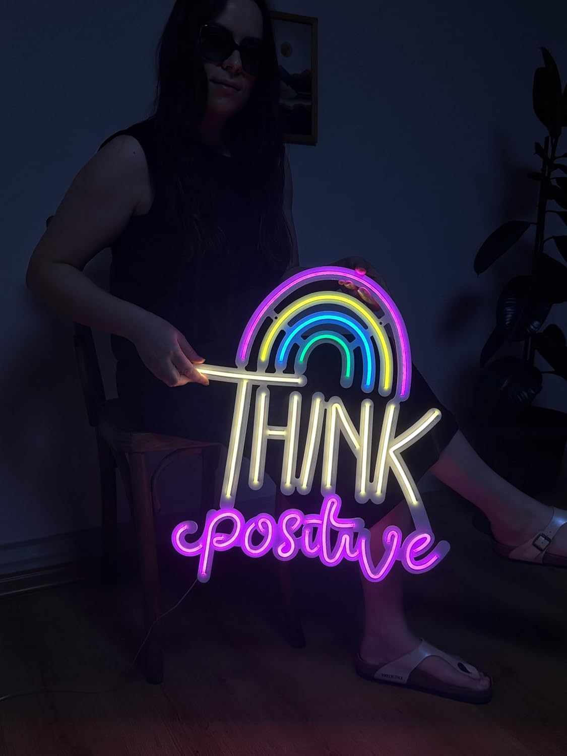 Think Positive Neon Metal Wall Art, Neon Wall Decor, Light Decor, Led Neon Sign,Neon Wall Decor, Neon Sign, Neon Wall Art, Home Decor, Wedding gifts,Rainbow Color, (With Remote Control)
