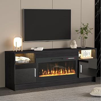 Kucreiheat Black Electric Fireplace TV Stand, Led Lights & Storage Cabinet