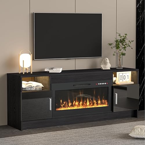 Black Electric Fireplace TV Stand with Led Lights-Entertainment Center for Up to 80 inch TV-Modern TV Console for Living Room with Storage Cabinet