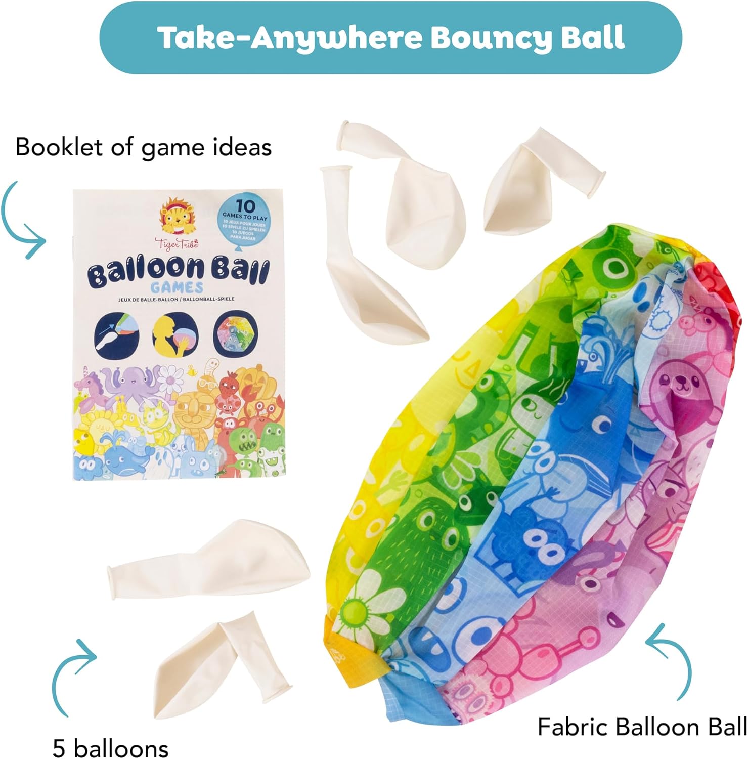 Tiger Tribe Balloon Ball - Compact, Travel-Friendly Fun with Fabric Cover & Balloons | Learning & Play for Kids | 10 Game Ideas Included