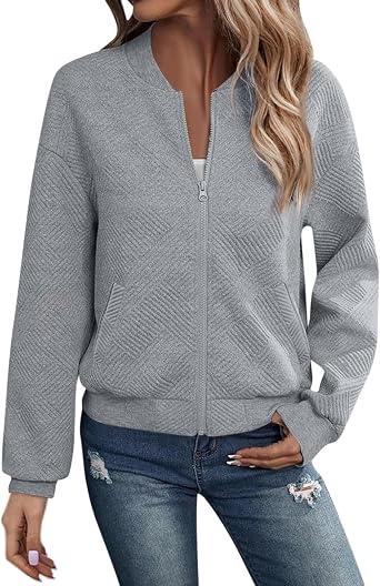 Bomber Jacket Womens Fashion 2025 Lightweight Zip Up Jackets Fall Casual Stand Collar Zipper Sweatshirt with Pocket