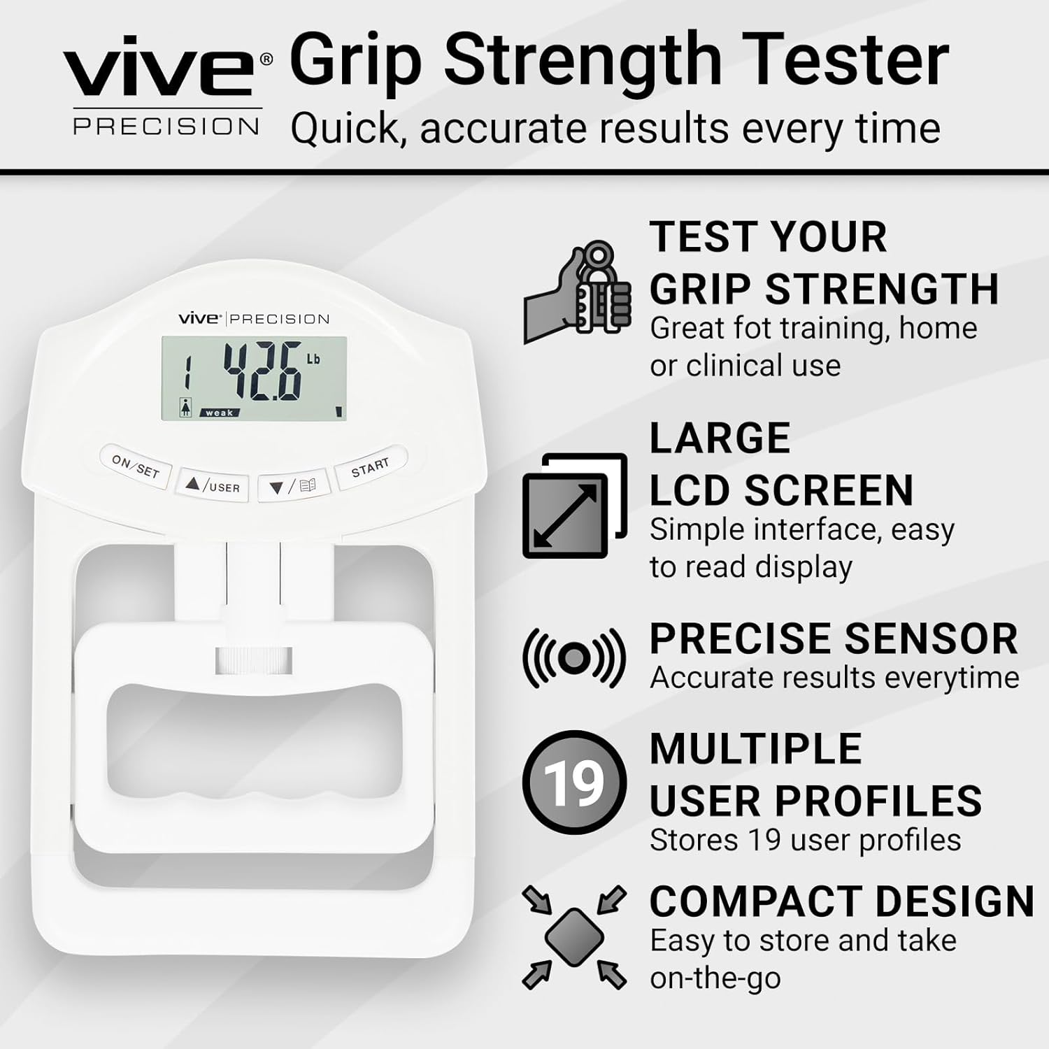 Vive Precision Grip Strength Tester - Hand Grip Dynamometer - Handheld Digital Grip Measurement Meter Device Trainer Power 198 Lbs / 90 Kgs - Strengthener Exerciser for Sports, School and Home Use