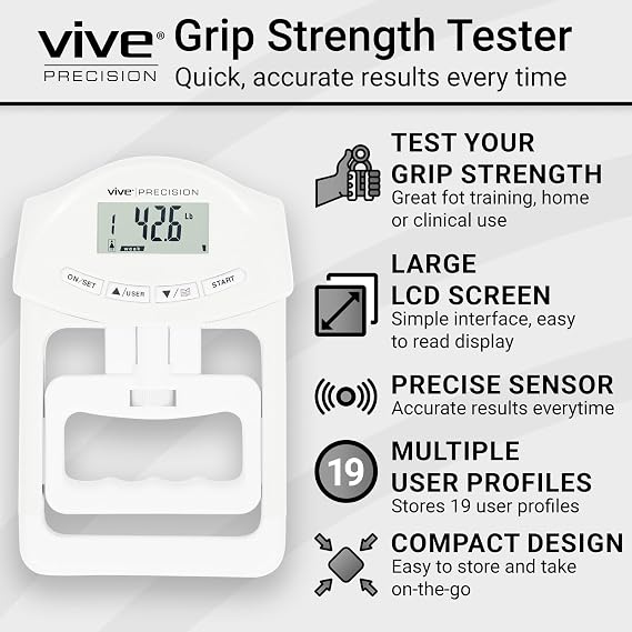 Vive Precision Grip Strength Tester - Dynamometer Trainer For Hand Measurement - Digital Gripper Meter For Forearm, Finger Measuring Or Training - Gripping Strengthener For Athletes, Home, Car, Clinic