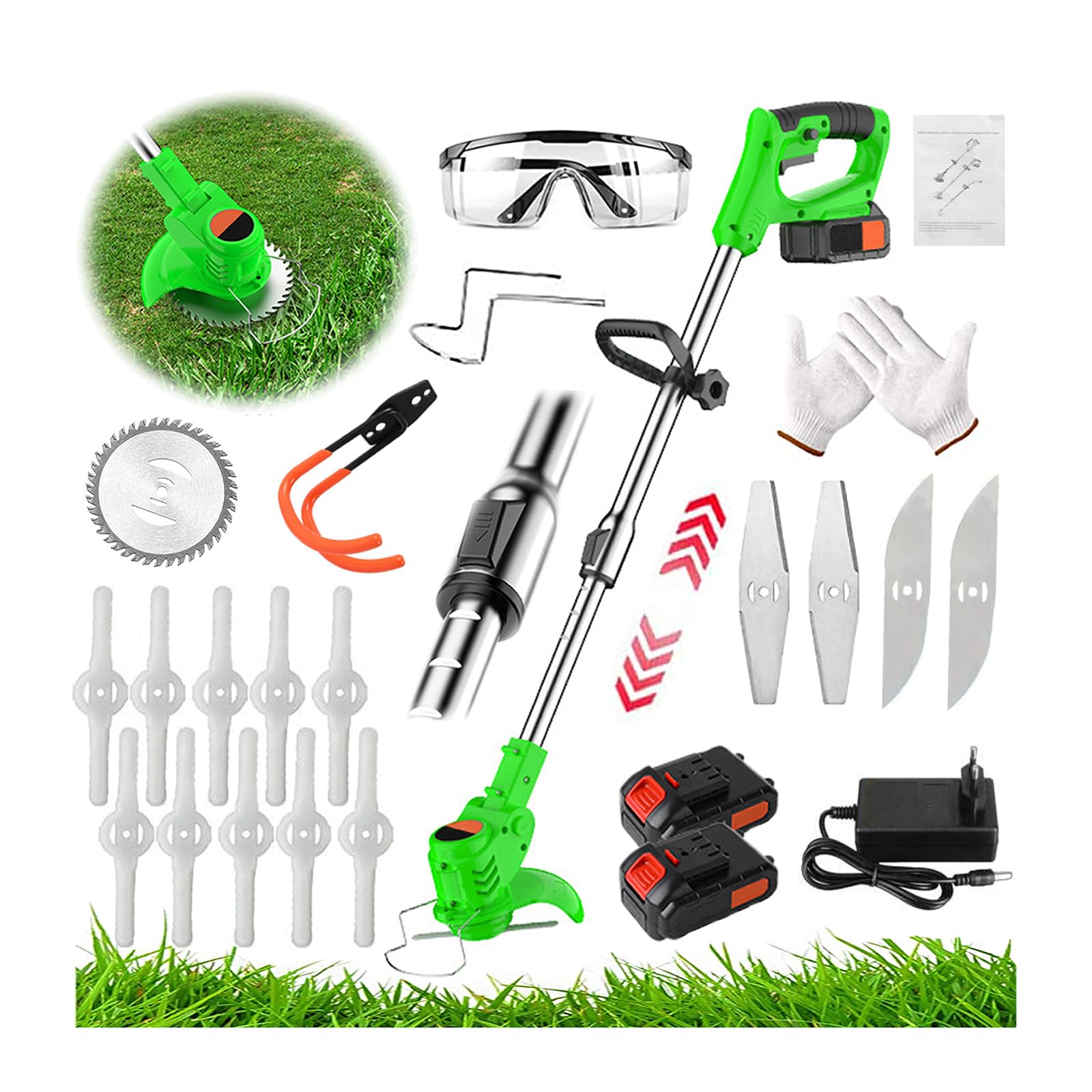 Wrneaoch - Decespugliatore elettrico a batteria, tosaerba a benzina con lame in metallo, 24 V, 9000 mAh, potente, per tagliare erba, cespugli e rami verde